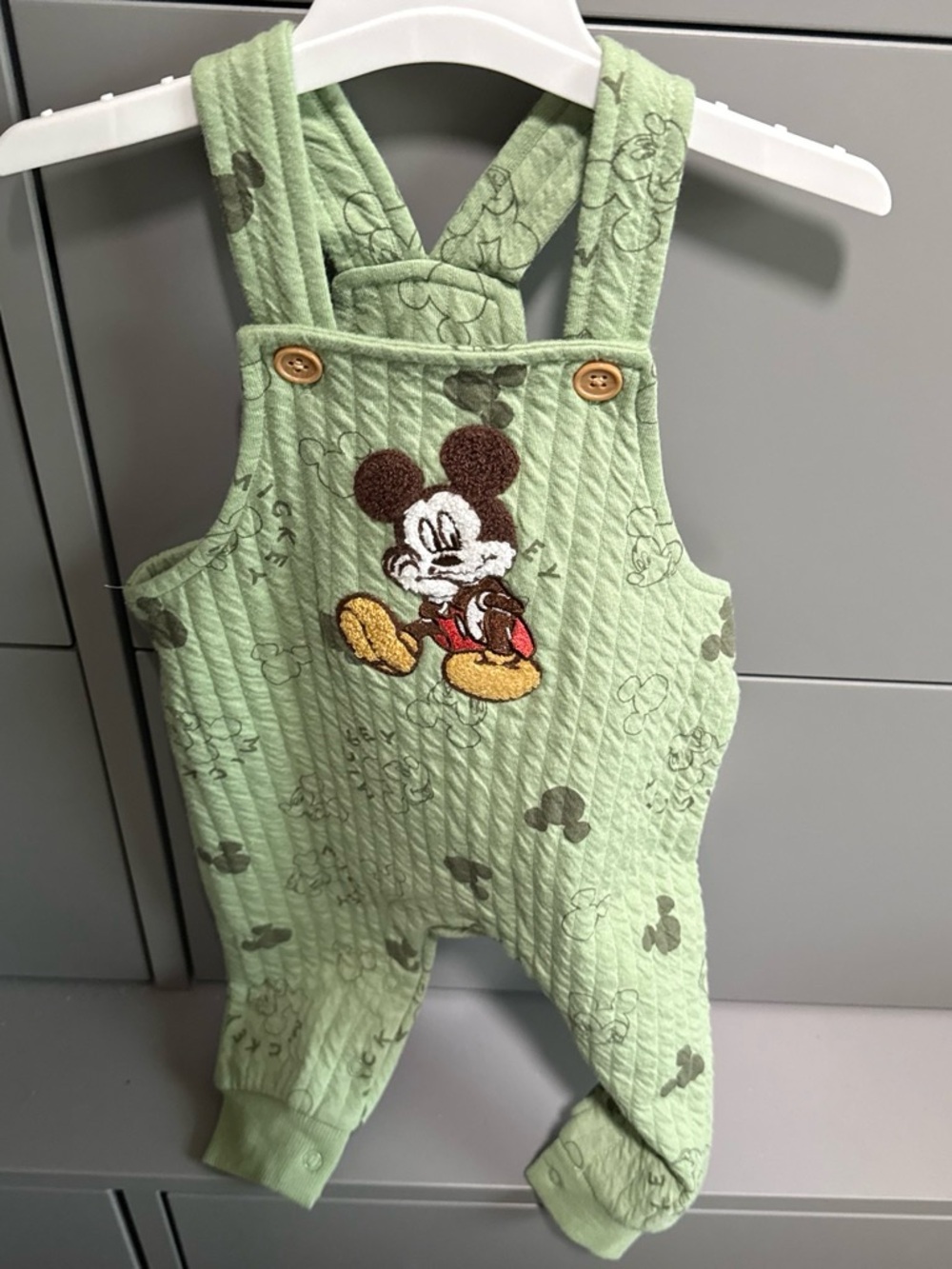 Disney Baby Olive Green Quilted Overalls with Mickey Detail